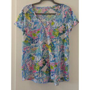 Lilly Pulitzer Etta V-Neck T-Shirt "Wish You Were Here" Postcard Print S Multico